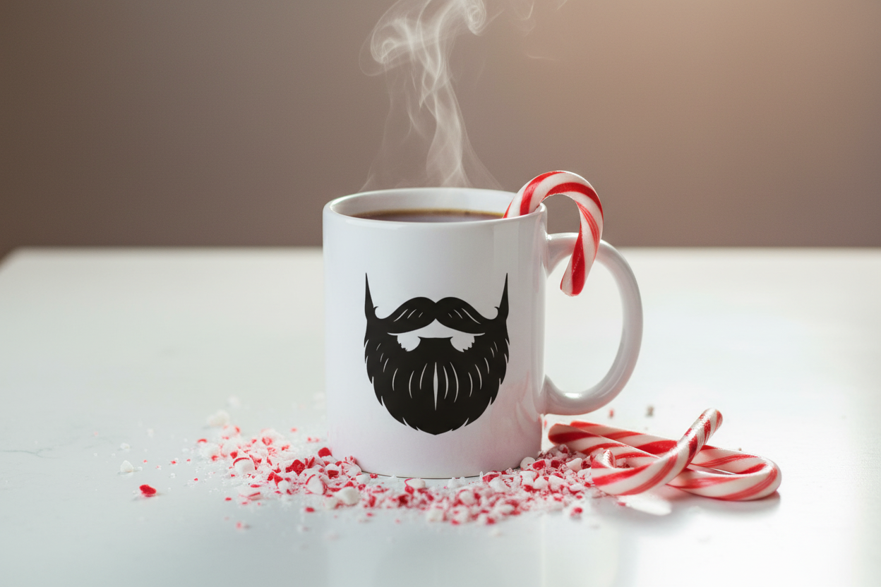 Candy Cane — Beardo's branded mug with mustache and full beard, candy cane hooked on the rim, crushed peppermint and whole candy canes scattered around, red and white festive tones, warm holiday light