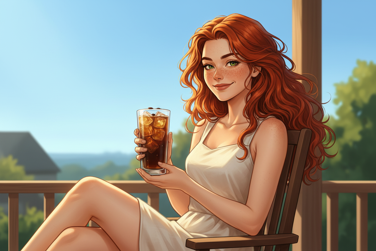 Hazel, Beardo's Brews Ambassador of Good Vibes, sitting on a sunny rooftop on a hot summer day, holding a tall iced cold brew coffee, hair loose and wild in the warm breeze, bright blue sky behind her