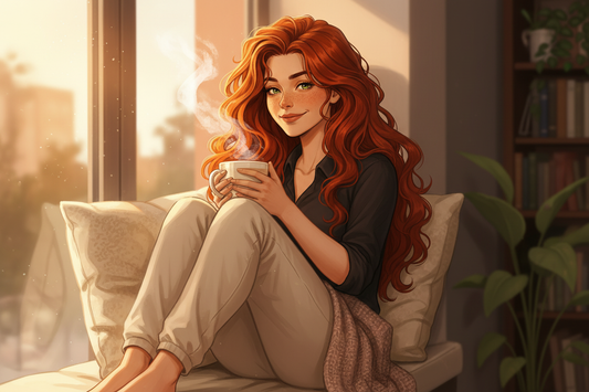 Hazel, Beardo's Brews Ambassador of Good Vibes, sitting in a cozy armchair on a Sunday morning, legs tucked under her, cradling a steaming coffee mug with both hands, hair gloriously wild from sleep, warm soft morning light, completely at peace