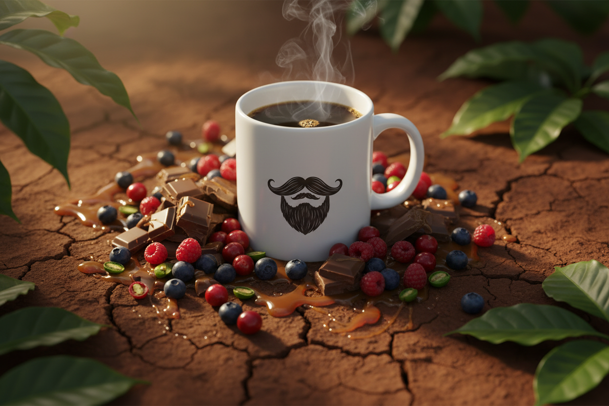 Ethiopia Natural — steaming Beardo mug surrounded by milk chocolate pieces, fresh wild berries, caramel drizzle and red coffee cherries, ancient Ethiopian coffee forest behind