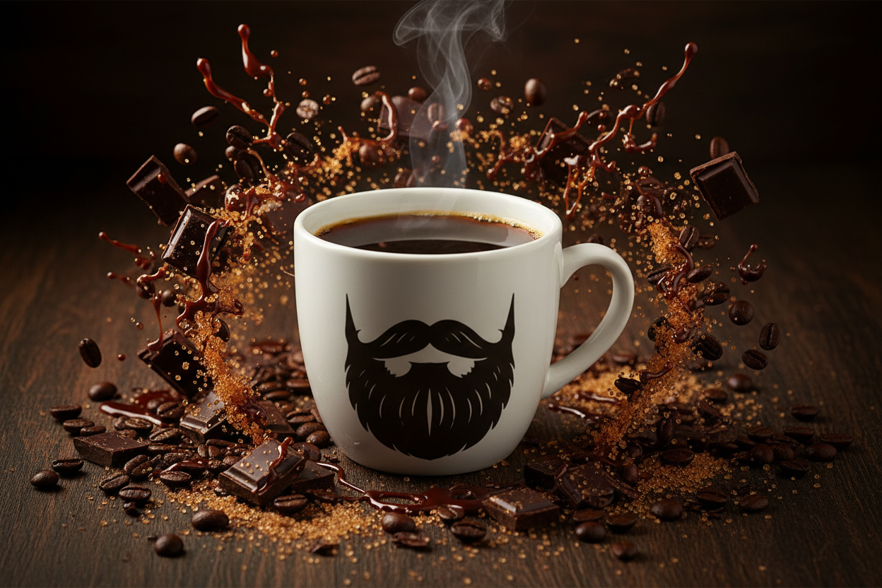 Bali Blue — steaming Beardo mug surrounded by dark chocolate pieces, molasses drizzle and brown sugar crystals