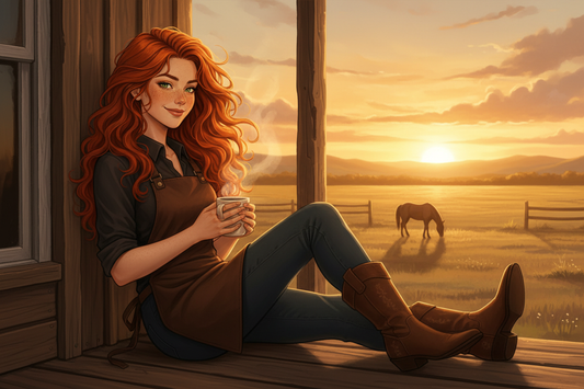 Hazel, Beardo's Brews Ambassador of Good Vibes, sitting on a rustic ranch porch at sunrise, boots up on the railing, holding a steaming coffee mug, hair loose and wild, vast open American range and golden sunrise stretching out before her