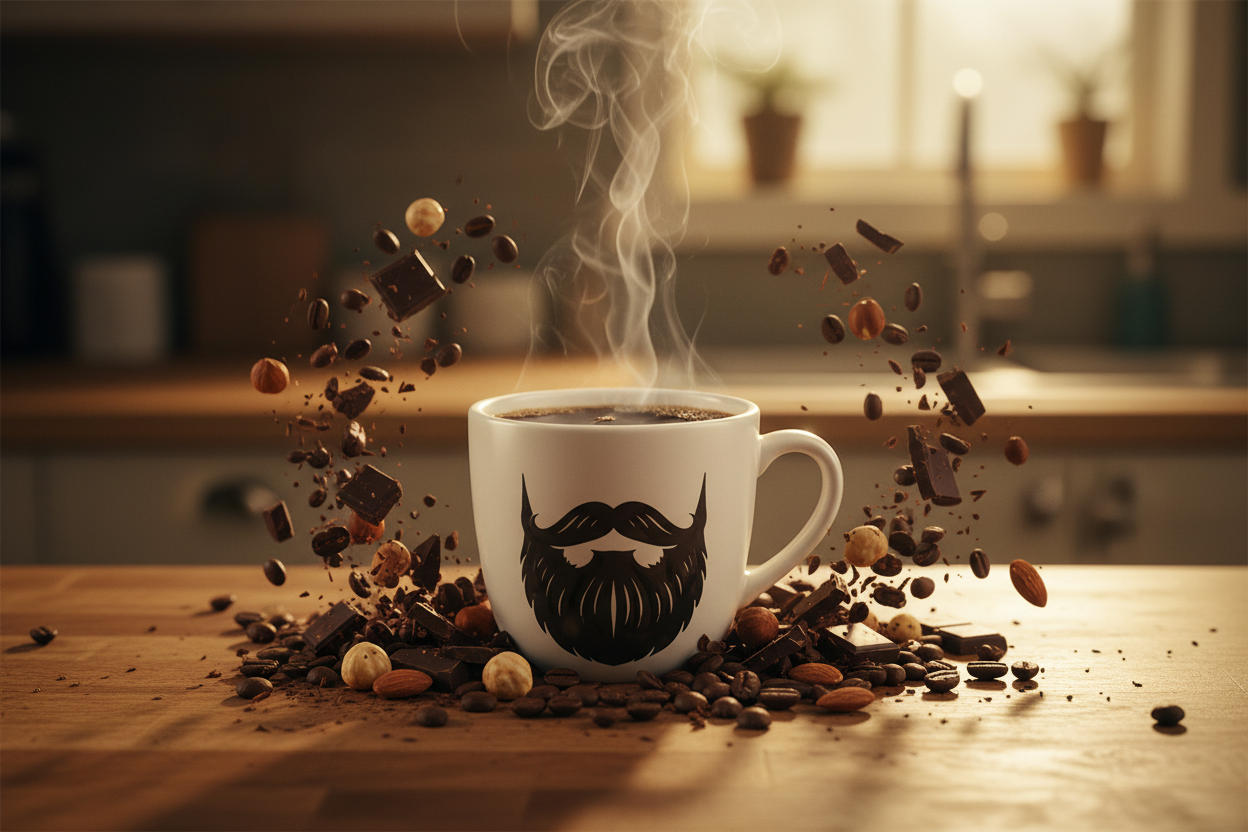 6 Bean Blend — steaming Beardo mug surrounded by dark chocolate shards, whole roasted coffee beans and toasted nuts, warm cozy home kitchen light behind