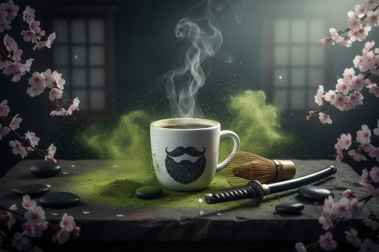 Matcha — steaming Beardo mug surrounded by vibrant green matcha powder, bamboo whisk, samurai katana, cherry blossoms and smooth river stones