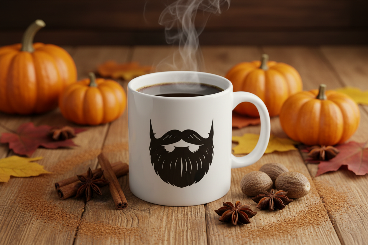 Pumpkin Spice — Beardo's branded mug with mustache and full beard, surrounded by cinnamon sticks, star anise, nutmeg, small pumpkins, autumn leaves, warm deep orange and amber tones, cozy fall light