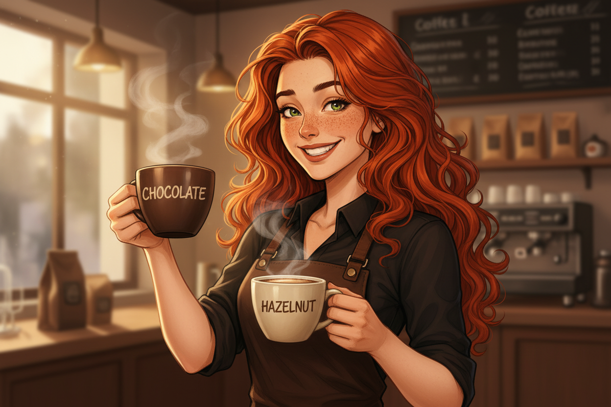 Hazel, Beardo's Brews Ambassador of Good Vibes, holding two steaming coffee mugs — confidently claiming the chocolate one, looking at the hazelnut one sideways with a deeply complicated expression, not confirming, not denying, hair loose and wild