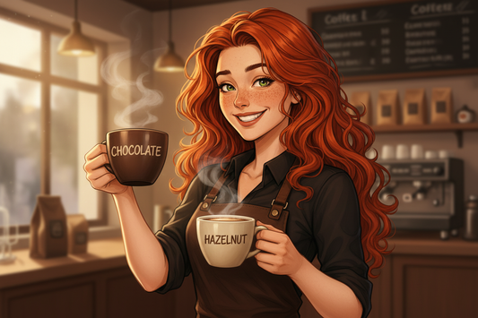 Hazel, Beardo's Brews Ambassador of Good Vibes, holding two steaming coffee mugs — confidently claiming the chocolate one, looking at the hazelnut one sideways with a deeply complicated expression, not confirming, not denying, hair loose and wild