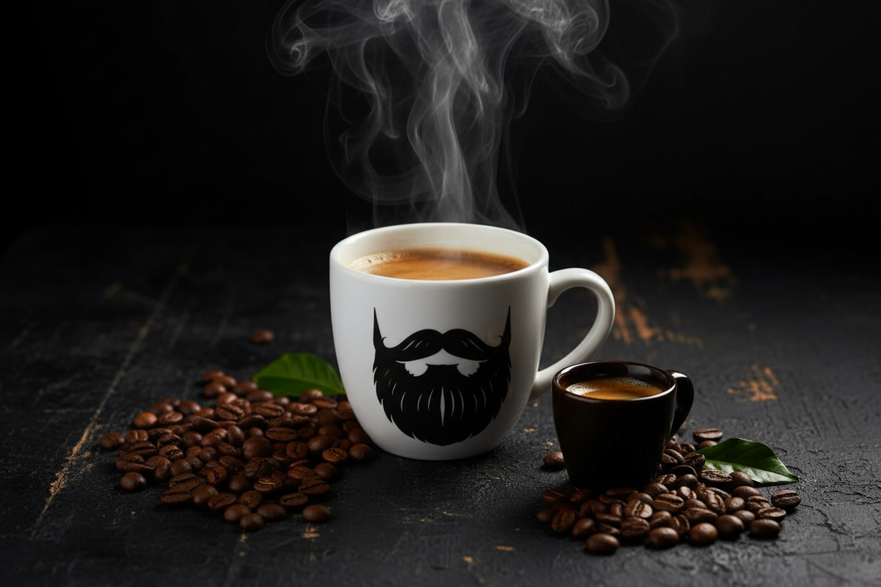 African Espresso — Beardo's branded mug with mustache and full beard, whole coffee beans from three East African origins, small espresso cup, deep rich dark tones, bold and intense