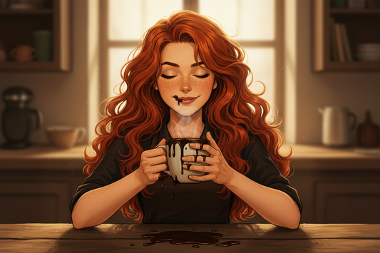 Hazel, Beardo's Brews Ambassador of Good Vibes, sitting at a kitchen counter eyes completely closed in pure bliss, steaming coffee mug in both hands, melted chocolate on her fingers and near her mouth, chocolate drizzle on the countertop, total surrender to chocolate coffee pleasure