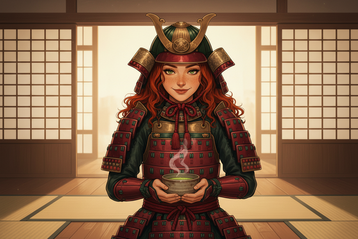 Hazel, Beardo's Brews Ambassador of Good Vibes, in elegant traditional Japanese samurai armor holding a matcha bowl in a formal tea ceremony bow inside a serene Japanese dojo