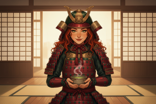 Hazel, Beardo's Brews Ambassador of Good Vibes, in elegant traditional Japanese samurai armor holding a matcha bowl in a formal tea ceremony bow inside a serene Japanese dojo