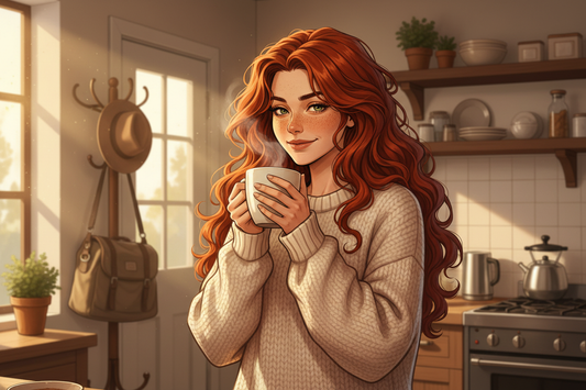 Hazel, Beardo's Brews Ambassador of Good Vibes, in a cozy kitchen in an oversized sweater on a Sunday morning, holding a steaming tea mug with both hands, hair loose and wild from sleep, fedora visible on a coat rack in the background — home at last