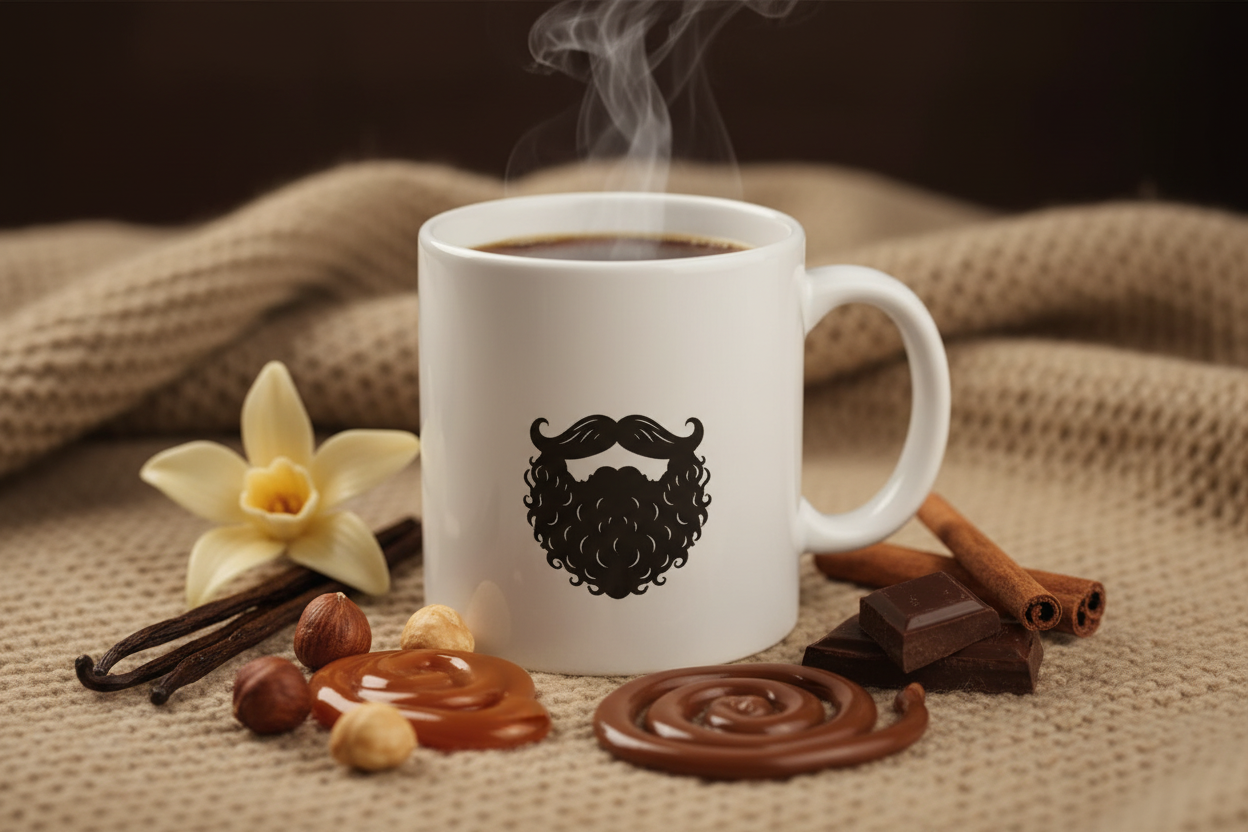 Flavored Coffees Sample Pack — Beardo's branded mug with mustache and full beard, surrounded by vanilla beans, hazelnuts, caramel drizzle, cinnamon sticks, chocolate pieces and mocha swirl — all six flavors together, warm indulgent tones