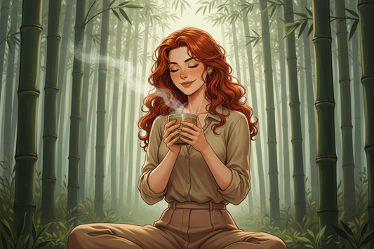 Hazel, Beardo's Brews Ambassador of Good Vibes, sitting peacefully in a misty Japanese bamboo forest, both hands wrapped around a warm ceramic cup of Hojicha tea, eyes gently closed, completely still and grounded