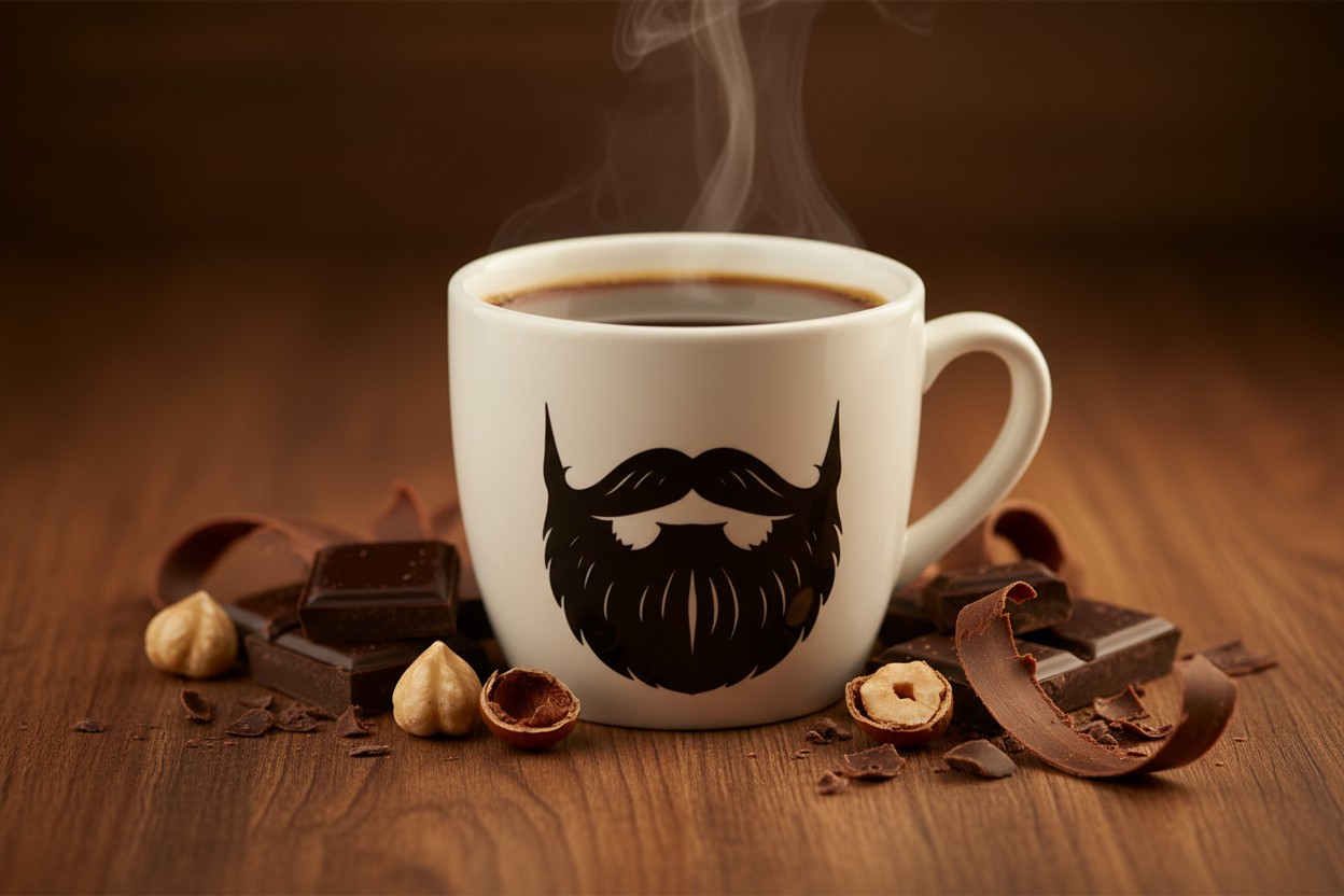 Chocolate Hazelnut — steaming Beardo mug surrounded by dark chocolate chunks, whole and cracked hazelnuts and chocolate shavings, rich deep brown tones, warm indulgent dessert lighting