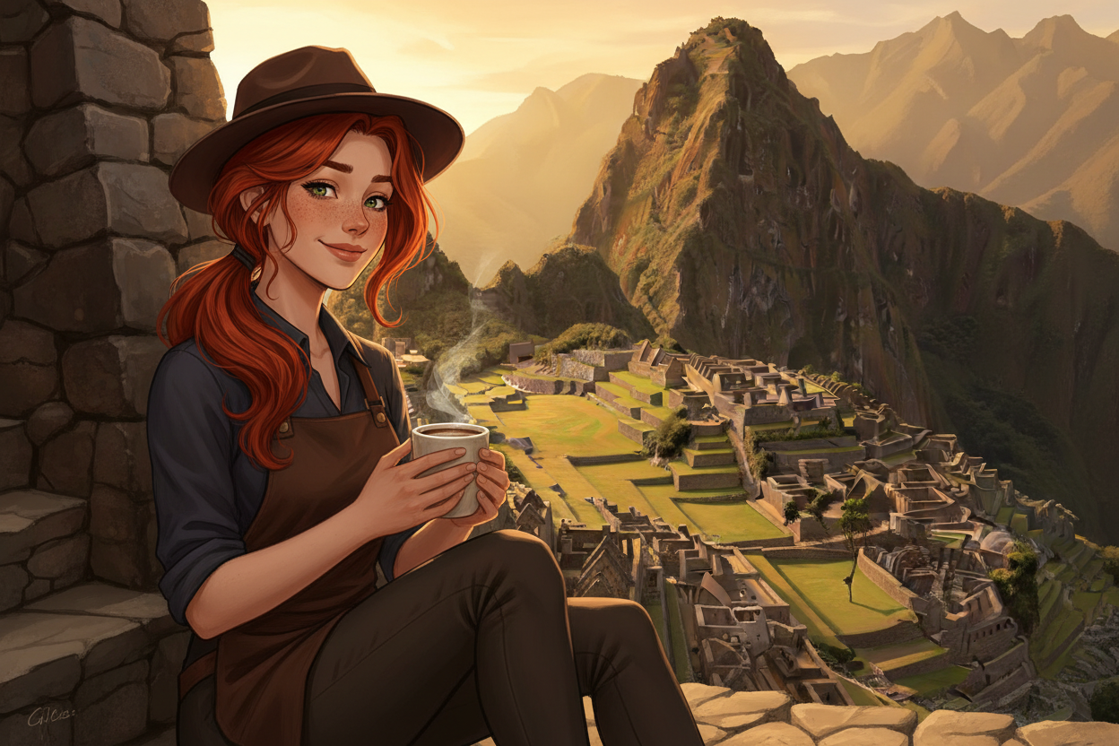 Hazel, Beardo's Brews Ambassador of Good Vibes, sitting on ancient stone steps at Machu Picchu at golden sunset, fedora on, holding a steaming coffee mug with both hands, warm amber light, peaceful and winding down after conquering the citadel
