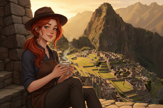 Hazel, Beardo's Brews Ambassador of Good Vibes, sitting on ancient stone steps at Machu Picchu at golden sunset, fedora on, holding a steaming coffee mug with both hands, warm amber light, peaceful and winding down after conquering the citadel
