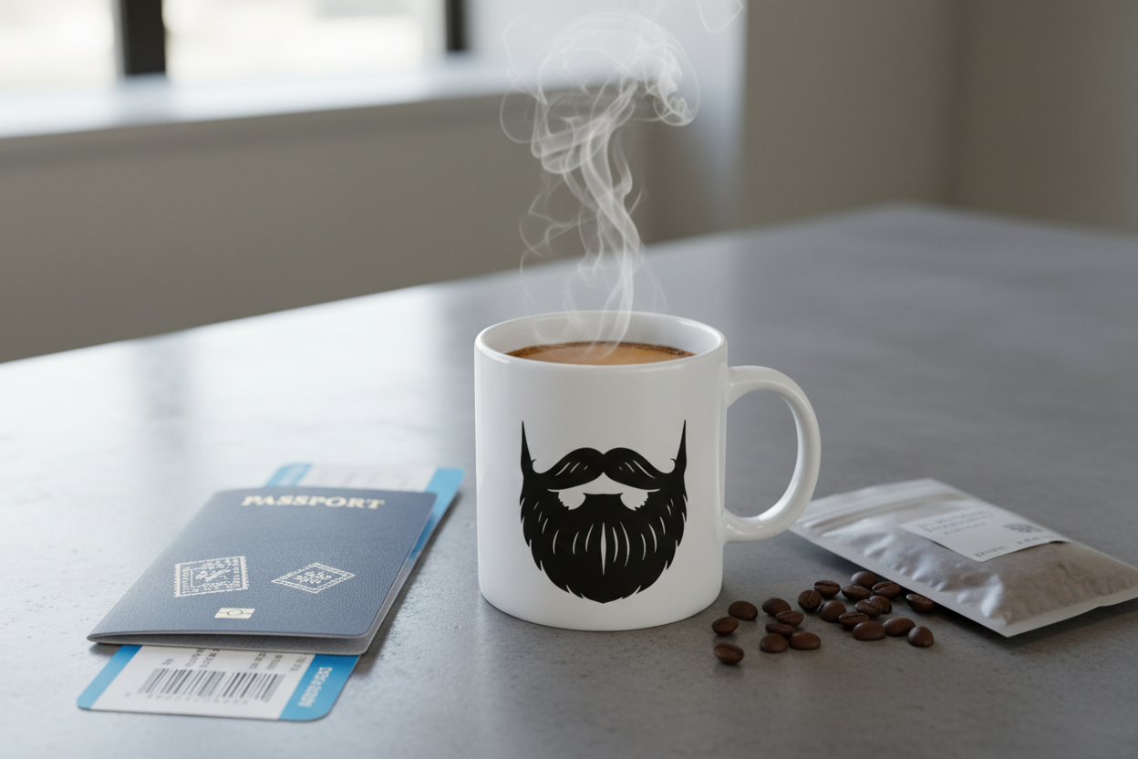 Instant Coffee — Beardo's branded mug with mustache and full beard, surrounded by a travel passport, boarding pass, and resealable coffee pouch, clean minimal tones, bright fresh light