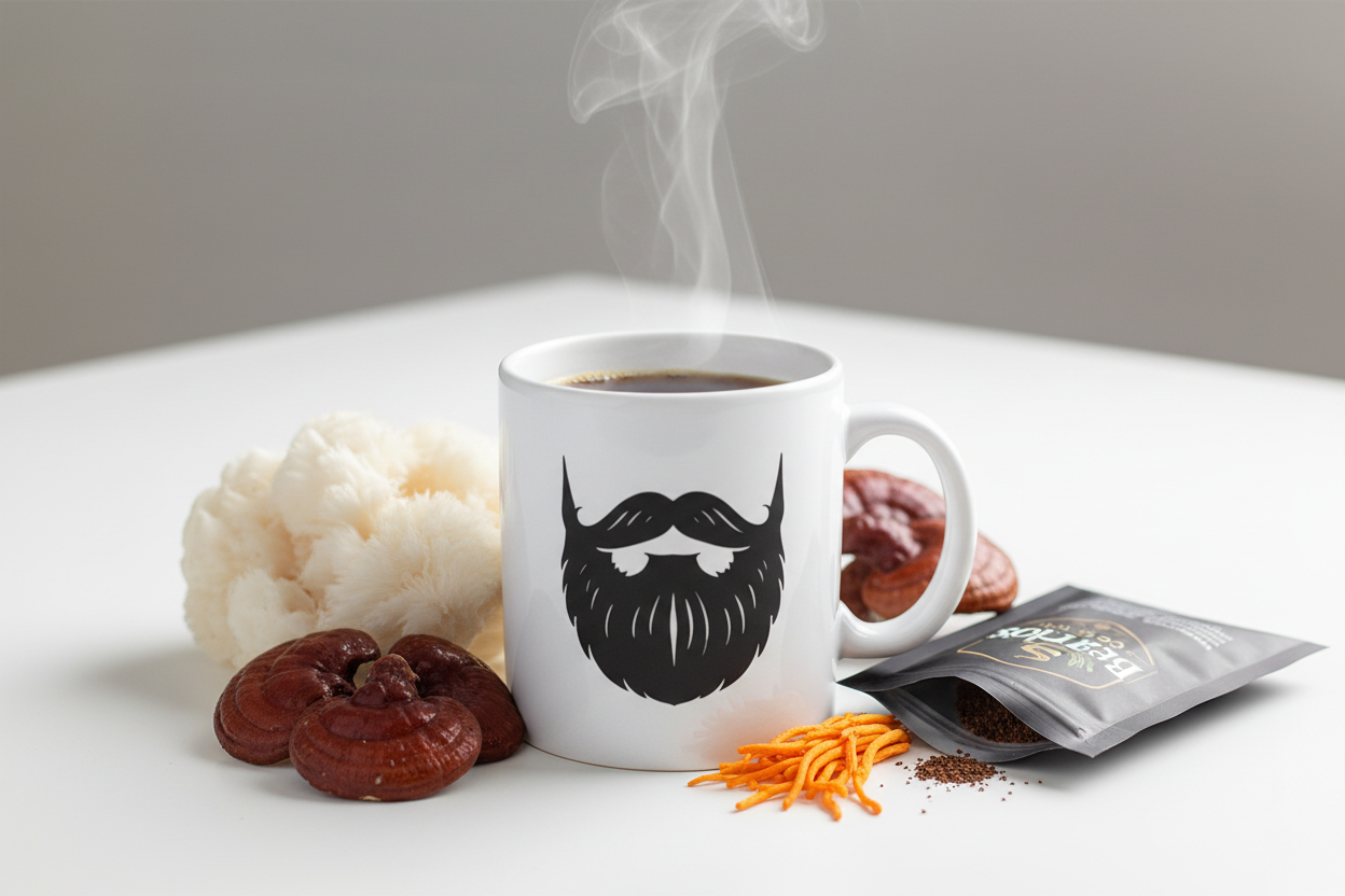 Instant Coffee with Mushrooms — Beardo's branded mug with mustache and full beard, surrounded by Lion's Mane, Reishi, and Cordyceps mushrooms and a resealable instant coffee pouch, clean bright tones, fast functional energy