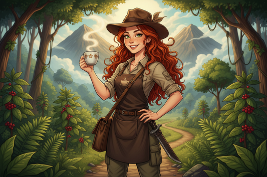 Hazel, Beardo's Brews Ambassador of Good Vibes, in a fedora with hair up, machete at her hip, holding a steaming coffee cup triumphantly in the misty Sumatran jungle highlands
