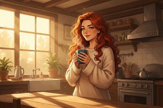 Hazel, Beardo's Brews Ambassador of Good Vibes, standing in a cozy sun-drenched kitchen at 5:59am, wrapped in an oversized sweater, holding a steaming coffee mug with both hands, hair wild and loose from sleep, golden morning light streaming through the window