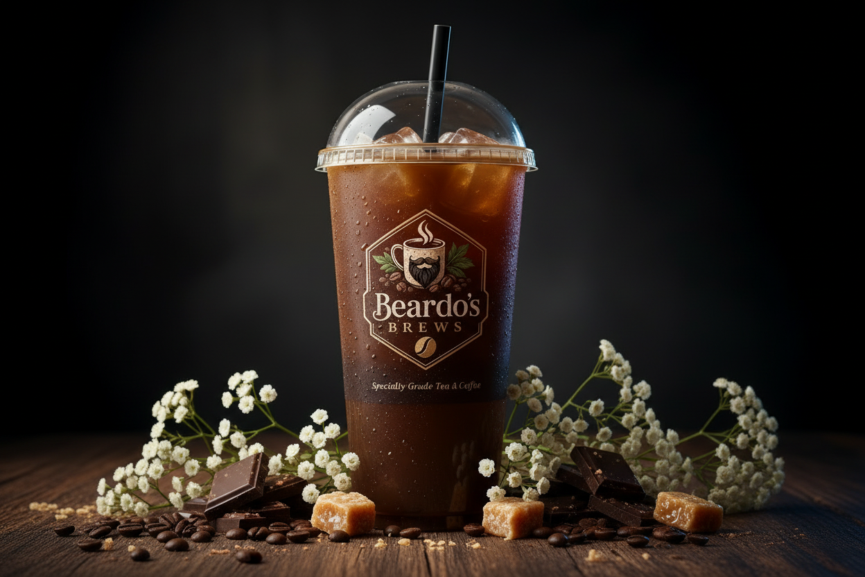 Cold Brew — Beardo's Brews branded cold cup with dome lid filled with dark cold brew over ice, surrounded by dark chocolate shards, toffee pieces, roasted coffee beans and delicate flowers