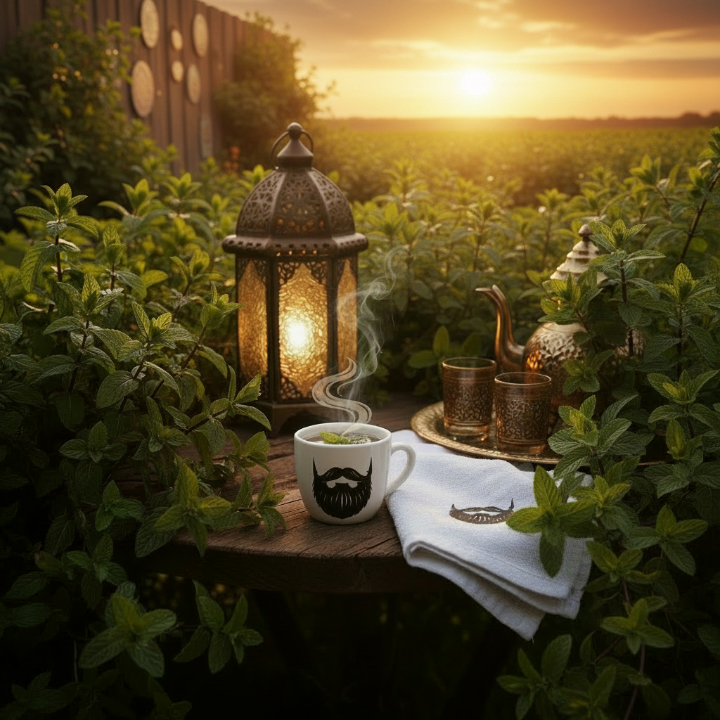 Moroccan Mint Tea — bearded mug at a garden table opening to a wild peppermint field at sunset