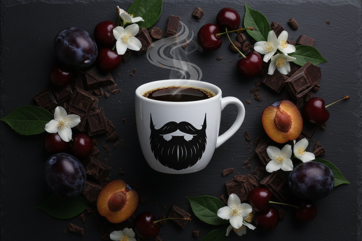 Uganda — steaming Beardo mug surrounded by dark cherries, plums, chocolate pieces and jasmine blossoms