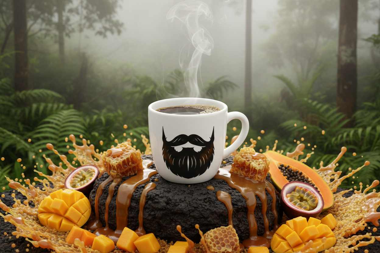 Papua New Guinea — steaming Beardo mug surrounded by golden caramel drizzle, honeycomb pieces and fresh tropical fruits, misty PNG highland jungle and volcanic earth behind