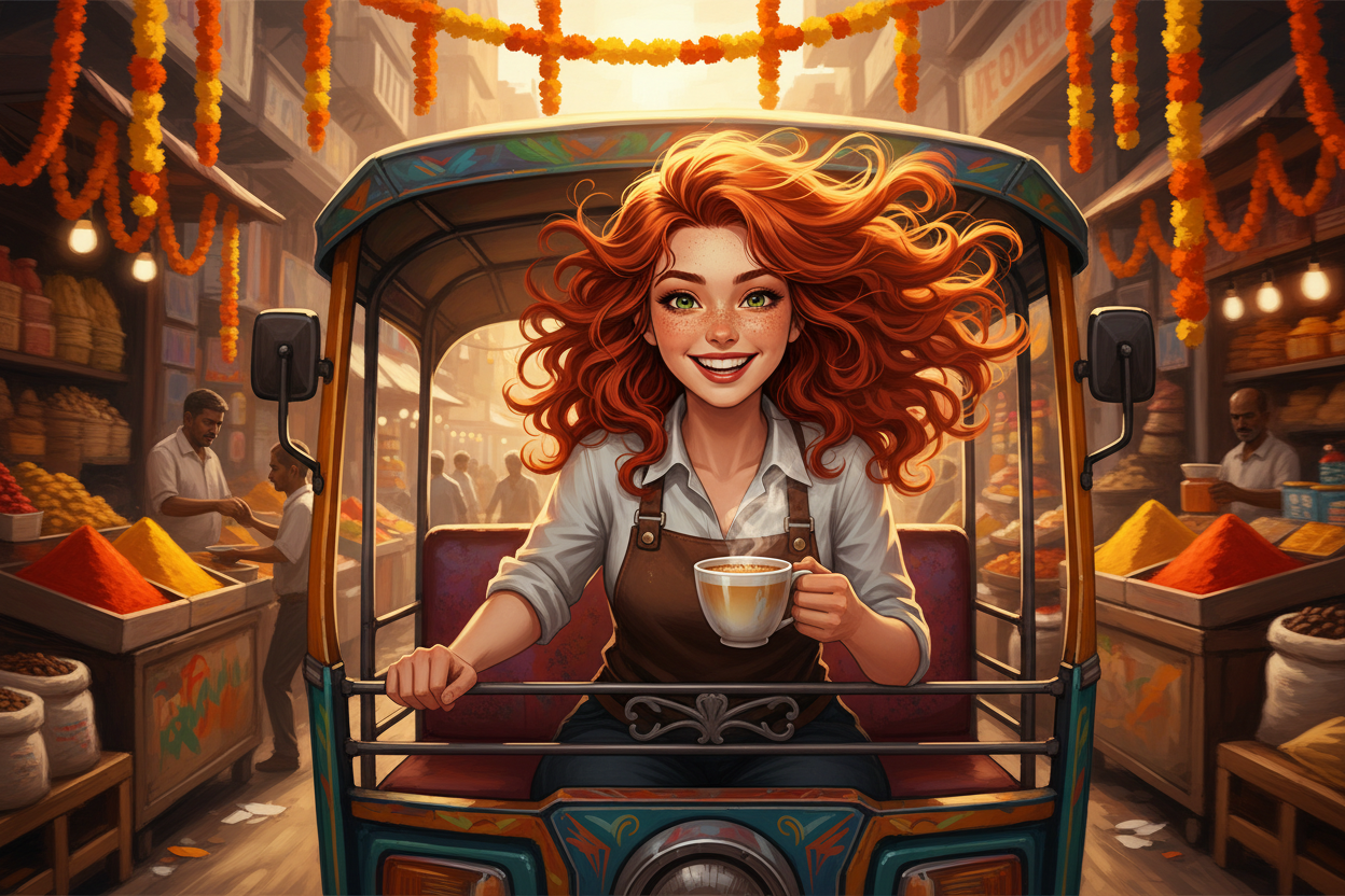 Hazel, Beardo's Brews Ambassador of Good Vibes, riding a colorful auto-rickshaw through a vibrant Mumbai spice market, one hand gripping the rail, the other holding a steaming masala chai, red curls flying, marigold garlands everywhere