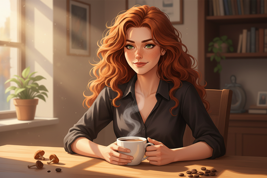 Hazel, Beardo's Brews Ambassador of Good Vibes, sitting at a bright clean desk in morning light holding a steaming coffee mug, calm and clear-eyed, hair loose and wild, mushrooms and coffee beans nearby — brain fully online, medium roast and functional mushrooms doing their thing