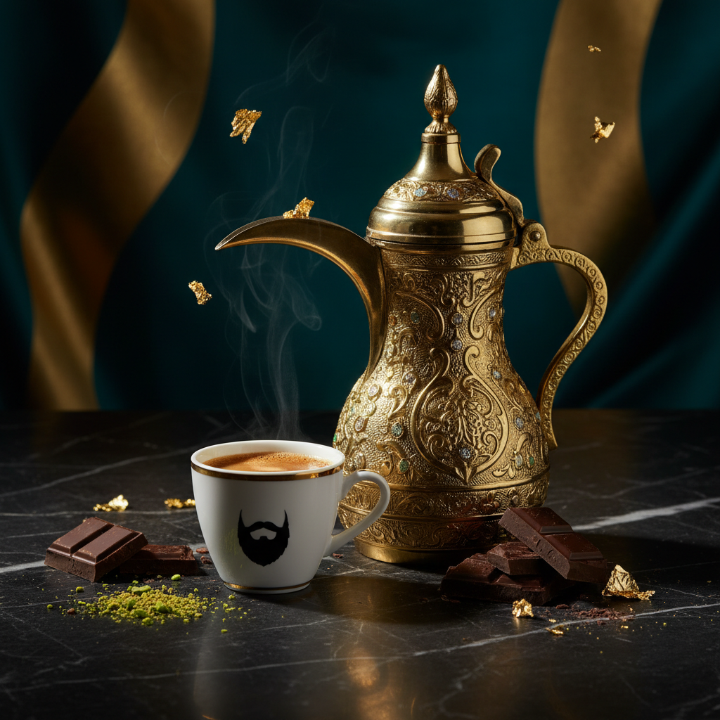 Ornate gold Arabic coffee pot with bearded espresso cup, dark chocolate, pistachios and gold leaf on dark marble, Dubai luxury aesthetic