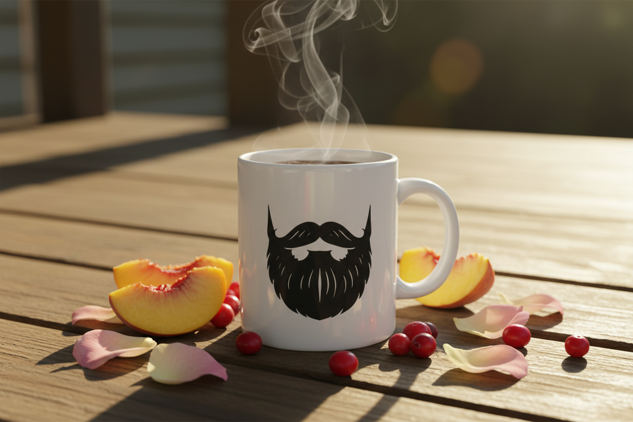Peach Paradise — Beardo's branded mug with mustache and full beard, fresh peach slices, cranberries, rose petals, soft golden summer light, sweet aromatic and dreamy energy