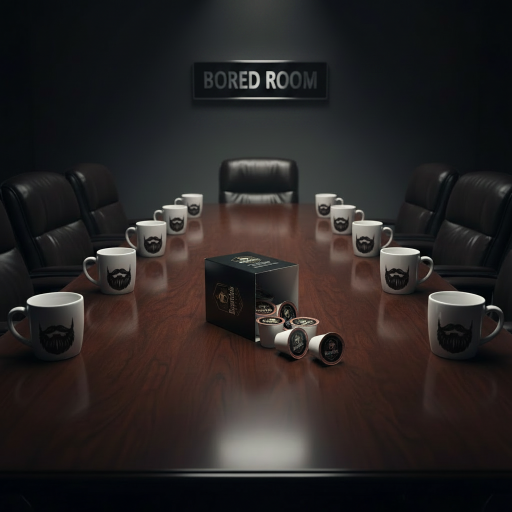 12 Pack — The Bored Room, 12 bearded mugs around a boardroom table with Bored Room sign