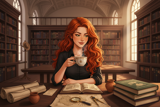 Hazel, Beardo's Brews Ambassador of Good Vibes, sitting at a grand reading table in the British Museum, surrounded by ancient maps and archaeology journals, holding a steaming Earl Grey, her tan fedora hanging on a coat rack in the background