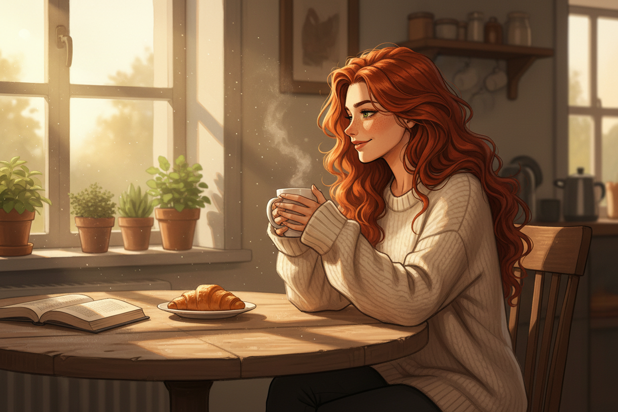 Hazel, Beardo's Brews Ambassador of Good Vibes, sitting at a cozy kitchen table on a lazy morning cradling a steaming coffee mug with both hands, wearing her favorite oversized sweater, hair loose and wild, warm soft morning light