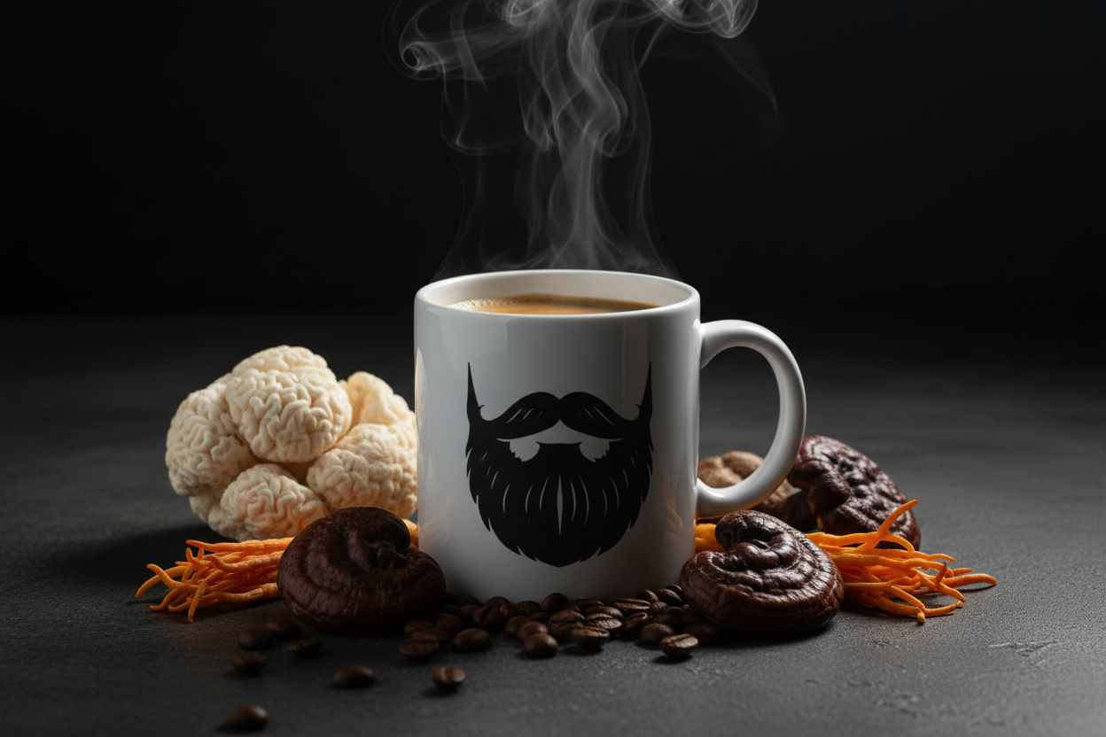 Coffee with Mushrooms Dark Roast — Beardo's branded mug with mustache and full beard, surrounded by Lion's Mane, Reishi, and Cordyceps mushrooms and dark coffee beans, deep dramatic tones, bold and intense 4am energy