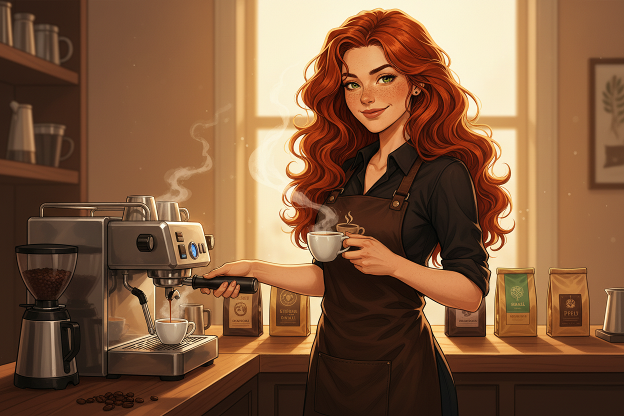 Hazel, Beardo's Brews Ambassador of Good Vibes, standing at a cozy home coffee bar pulling an espresso shot, hair loose and wild, six origin coffee bags arranged on the counter behind her