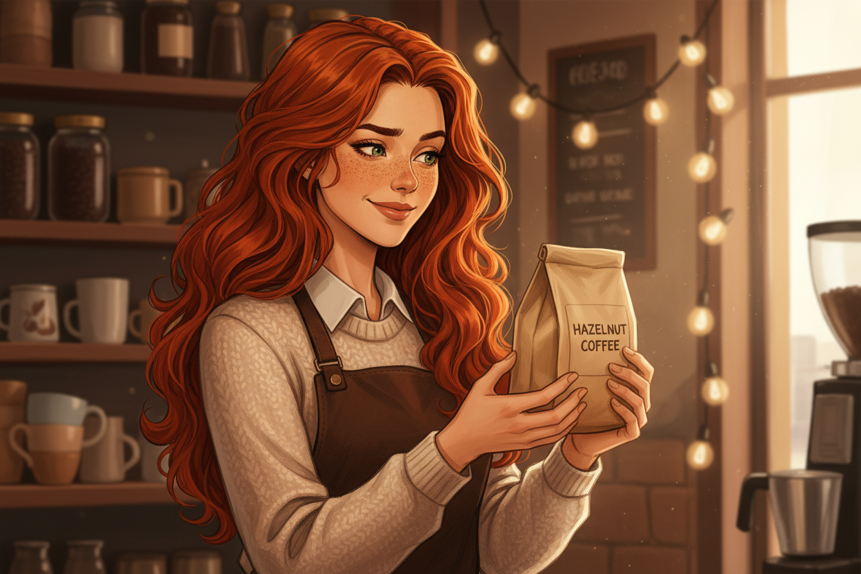 Hazel, Beardo's Brews Ambassador of Good Vibes, holding up a bag of Hazelnut coffee and staring at it with a deeply complicated expression — equal parts flattered, suspicious, and delighted — hair loose and wild